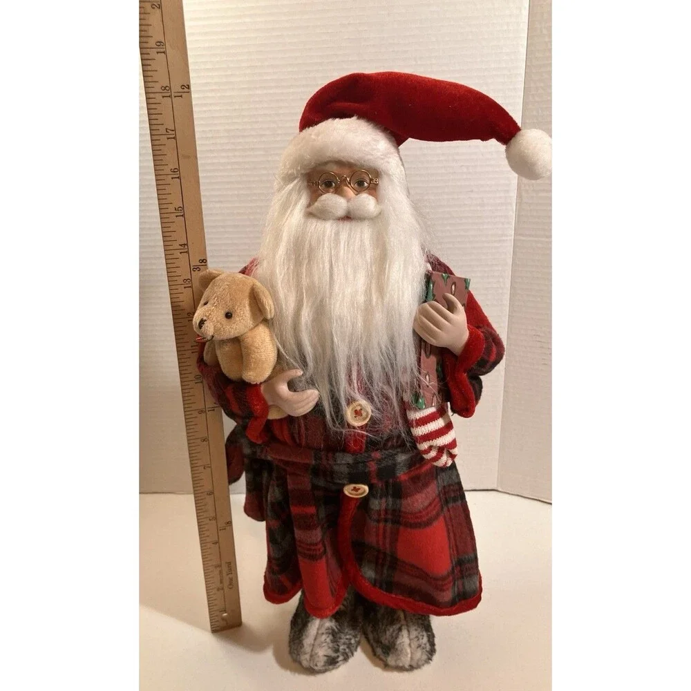 18” Bedtime Santa In Robe With Teddy Bear And Book Christmas Holiday Decor